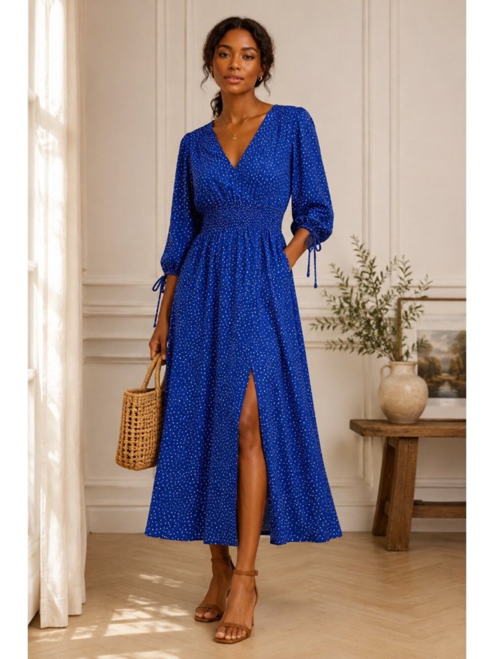 Taylor Cobalt Blue White Dot Midi Maxi Dress 10 Ruched Waist V Neck Tie Sleeve